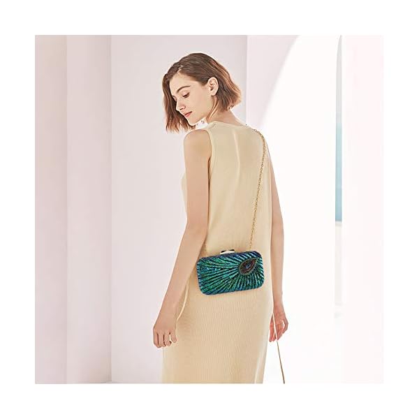 UBORSE Beaded Sequin Peacock Evening Clutch Bags Party Wedding Purse - Image 3