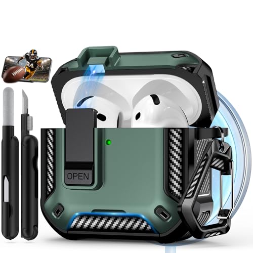 Image of for AirPods 4 Case with Lock & Phone Stand(Light Green) | Automatic Snap Switch Lock,Carbon Fiber Texture Design Cover with Cleaner Kit,Compatible with MagSafe