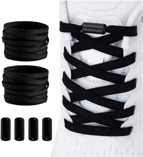 Shecret 2 Pares Cordones Elásticos, Cordones Elásticos Sin Nudo, Cordones Elásticos Planos con Cápsula de Metal, Cordones Universales Ajustables, Cordones de Zapatillas Para Niños Adultos, Negro