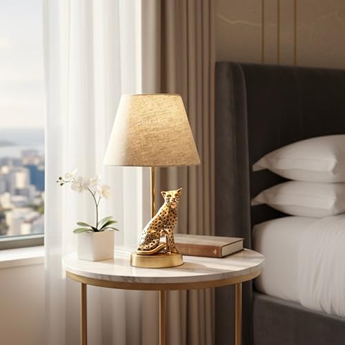 Image of BEHOMA Luxury Jaguar Figurine Table Lamp Set, Antique Gold - Set of 2 | Luxury Aluminium Jaguar table lamp in Antique Gold - as an accent lighting piece for living room - great wedding gift