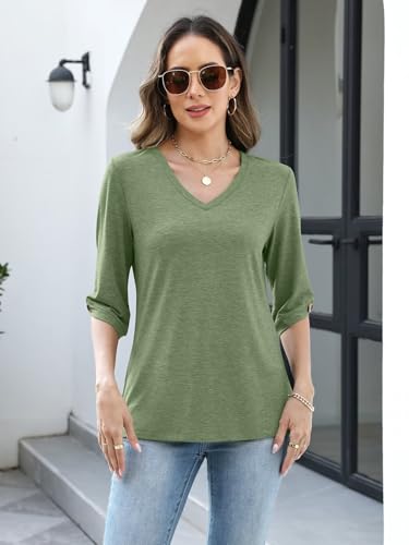 Image of TICTICMIMI Womens Tops 3 /4 Length Sleeve V Neck Casual Trendy Button Tunic Tops Summer Basic T-Shirts Loose Fit Pullover