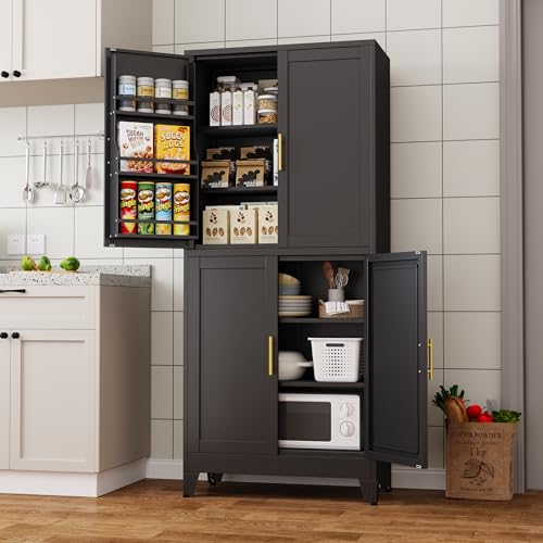 Image of PAOFIN 75 inch H Metal Storage Cabinet, Pantry with 6 Door Shelves and 4 Adjustable Shelves, Leveling Foot for Kitchen, Living Room and Dinning Room, Black