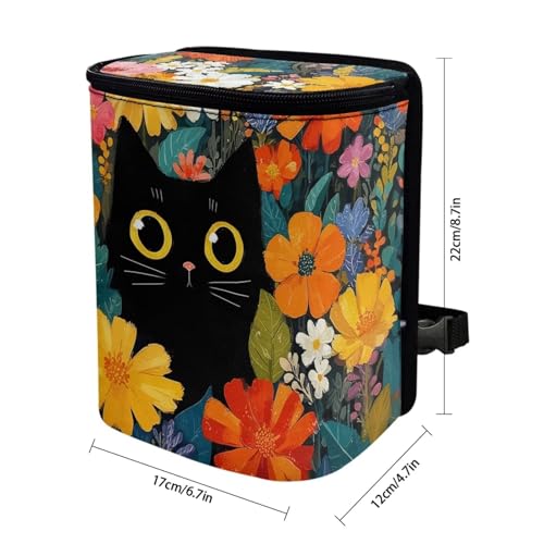 Image of Talayituse Black Cat Daisy Flower Print Car Trash Can Portable Auto Garbage Bin Multifunctional Vehicle Interior Accessories with Adjustable Straps Universal Fit Truck SUV Sedan