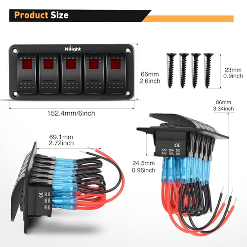 Image of Nilight 5 Gang Rocker Switch Panel SPST On Off Toggle with DIY Label Sticker | 5PIN Electrical 12V /20A 24V /10A Aluminum Plate with Pre-Wired Jumper Wires for LED Light Bar RV Boats 4X4 Cars Red