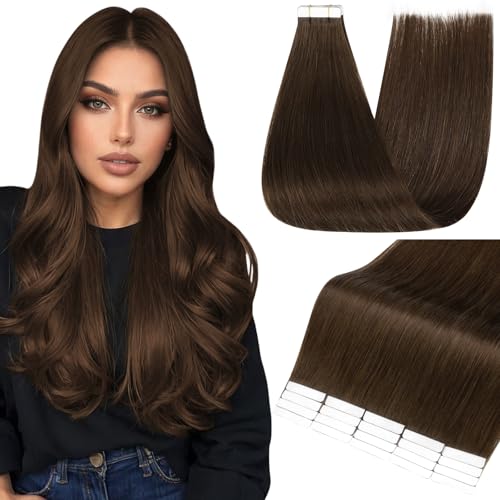 Image of Full Shine Human Hair Extensions Tape in, Hazelnut Brown 16 Inch | 50g 20PCS, Soft Invisible Remy Tape in Extensions Human Hair Natural Straight Long-Lasting Styling for Women Add Volume