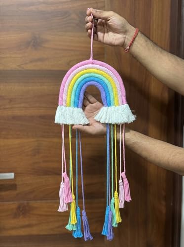 Image of JH Gallery Handmade Rainbow Macrame Wall Hanging - Colorful Cotton Rope Boho Wall Art with Tassels for Nursery, Kids Room and Bedroom Wall Decor, Cozy Home Decor for Living Room.