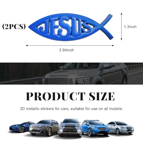 Image of DXNQ 2PCS Jesus Fish Decal Sticker, 3D Car Decal Jesus Christian Fish Symbol Chrome Emblem, Faith Fish Stickers Religious Metal Badge Auto Decor for Truck Motorcycle Fridge (Blue)