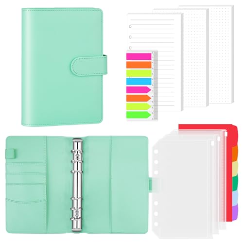 AKONEGE Carpeta A6 de 6 anillas de piel sintética recargable con 135 papeles de recambio A6, 3 bolsillos para carpeta, 6 separadores de índice, pestañas adhesivas, organizador de planificador, para