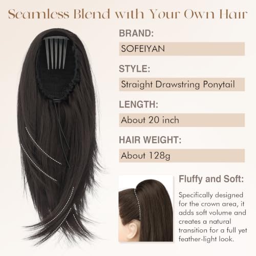 SOFEIYAN Drawstring Ponytail Extension for Women 20 Inch Comb Clip in Straight Clip on Hairpiece Layered Fluffy Thick Pony Tails Hair Extension Synthetic Hairpieces for Daily Use - Red - 2