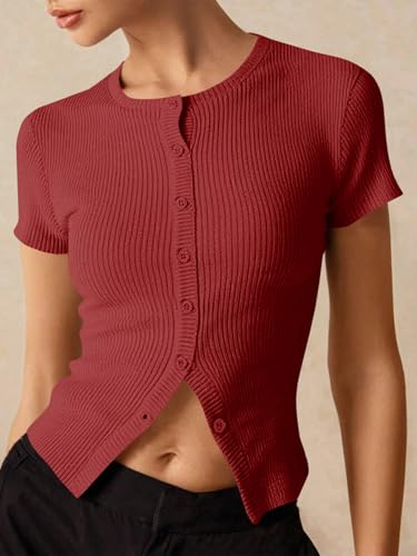 Image of Imily Bela Womens Short Sleeve Sweater Tops Summer Button Down Casual Ribbed Knit Slim Fit Cropped Cardigan Shirts