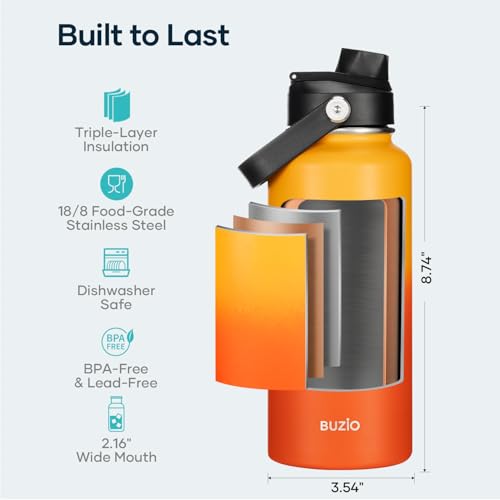 Image of BUZIO Insulated Stainless Steel Water Bottle 32 oz with Straw & Spout Lids