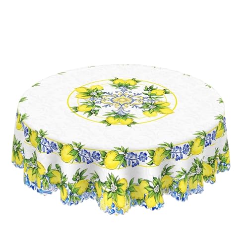 MFWHEFJ Mantel Impermeable Manteles Redondos y rectangulares con Estampado de Limones Retro, diseño Floral Amarillo, for Primavera Verano, for Cocina Fiestas(Round (152) Cm)