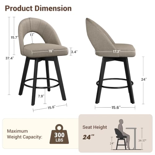 Image of YaFiti 24 inch Counter Height Swivel Bar Stools Set of 2, Oatmeal | Swivel Bar Stools with Ergonomic Curved Back, Fabric Upholstered Seat and Solid Wood Legs for Kitchen Island