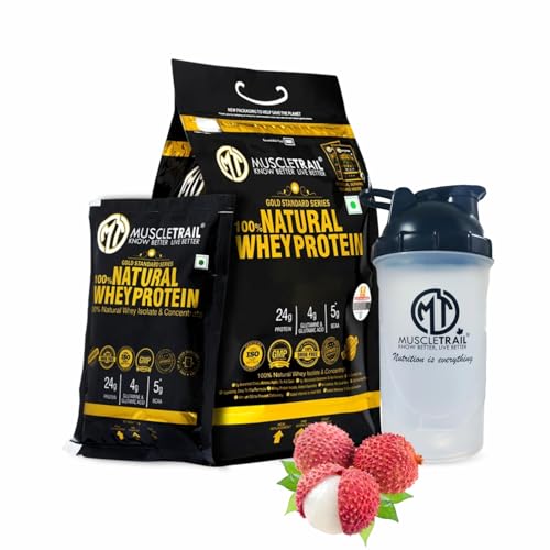Image of MuscleTrail Gold Standard Series |60 Pouches |Low Carb & Fat |Shaker Inside |24G Natural Whey Protein Powder (Juicy Lychee)
