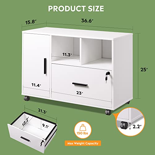 Devaise Office File Cabinet With Lock, 1-Drawer Wood Lateral Filing Cabinet On Wheels, Printer Stand With Open Storage Shelves For Home Office, White #TOP2