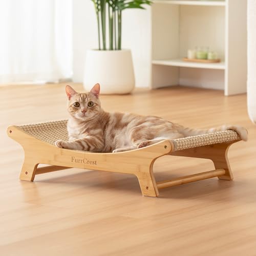 FurrCrest XL Sisal Cat Scratcher Bed with Elevated Hammock for Indoor Cats Replaceable Natural Sisal Pad Large Cat Lounge Anti-Slip No-Wobble Bamboo Frame Natural Grey