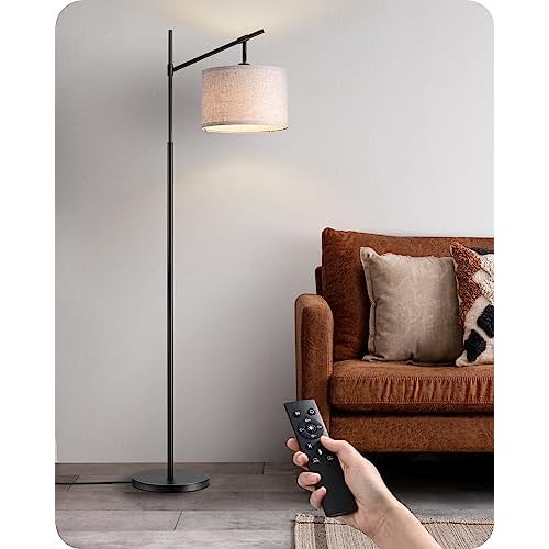 EDISHINE Modern Arc Floor Lamp with Beige Linen Drum Shade & Heavy Base, Dimmable Black Reading Light, Remote Control Bulb Included, Tall Standing Lamp for Reading, Office, Lighting Classic-