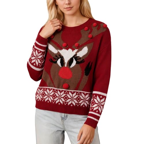 Rentier Pullover mit leuchtender Nase 24 Damen Weihnachtspullover mit lustigem Rentier-Motiv - Strickpullover...