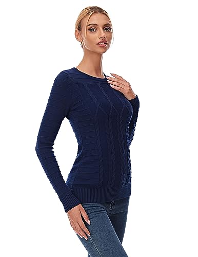 Image of AmelieBoutik Women Crewneck Geometric Cable Knit Long Sleeve Sweater Top(Blue X-Small)