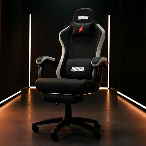 Image of DROGO Throne Ergonomic Gaming Chair with Linkage Armrest, Foot Rest, & Adjustable Seat | Computer Chair with Fabric, Head & Massager Lumbar Pillow | Home & Office Chair with Full Recline (Black)