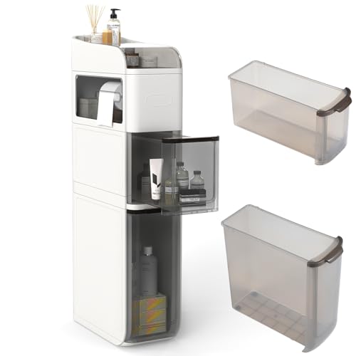 GIANTEX Mueble de Baño Estrecho, Armario con Ruedas Ocultas, Cajones Transparentes, Soporte para Papel Higiénico, Tapa Abatible, 18 x 43 x 88 cm, Carrito Auxiliar para Baño, Salón, Cocina (Blanco)