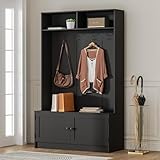 MHOM Black Hall Tree with Storage, 65' Tall Entryway Bench with Shoe Storage, Coat Rack and Top Shelf, Freestanding Wooden Hall Tree with Bench for Entryway, and Hallway