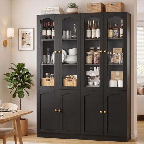 Image of Cyclysio 80 inch Tall Pantry Cabinet with 8 Doors, Black Kitchen Pantry Storage Cabinet with Built-in Baseboard Notch & Adjustable Shelves - Kitchen Storage Cabinet for Dining, Living Room, Office