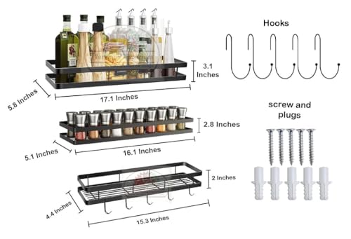 Image of Wall Mounted Metal Storage Rack for Kitchen & Bathroom | Set of 3 Multipurpose Organizer Shelf for Jars, Cans, Toiletries | Rustproof Iron Wall Shelf Rack for Home