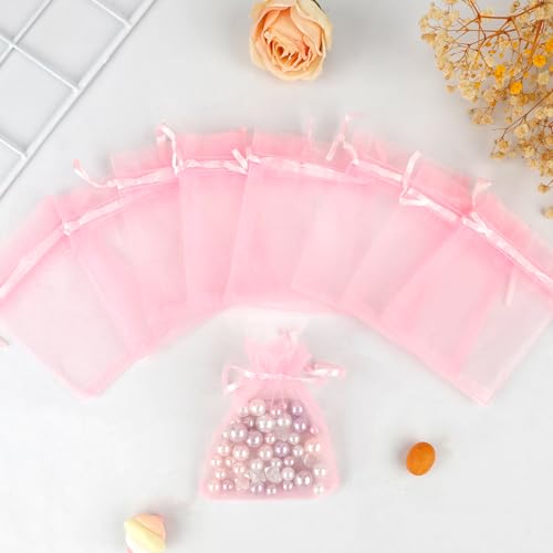 Image of BOEIAC Organza Bags - Pink Sheer Organza Gift Bags, 50 Pcs, 3 x 4 Inch, Jewelry & Party Favor Bags with Drawstring, Mesh Candy Bags for Wedding & Christmas