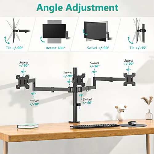 Image of WALI Triple Monitor Mount, Three Desk Mount Fits 13-27in Screens,Holds up to 22lbs, Multiple Monitor Stand with Tilt, Swivel, Rotation, VESA 75x75,100x100mm(M003S), Black