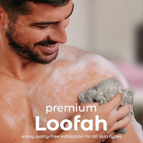 Image of MainBasics Shower Loofah Sponge Pouf, Set of 3, Totally Taupe | Soft Mesh Body Scrubber and Bath Sponge for Gentle Exfoliation, Rich Lather, and Everyday Shower Use