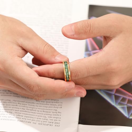 8mm Mens Tungsten Wedding Bands 14K Gold White Black Gold Plated Tungsten Rings for Men with Created Emerald/Ruby/Meteorite Inlay Promise Rings Hammer Comfort Fit Size 7-143