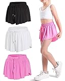 KEREDA Girls Flowy Shorts,Butterfly Shorts for Teen Girls with Spandex Liner 2-in-1 for Running,Gym,Athletic,Workout 3 Pack 13-14Y (Black-White-Hot Pink)