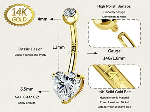 OUFER Gold Belly Button Rings, 14K Solid Gold Internally Threaded Belly Rings, Heart Shaped Belly Button Piercing, Clear CZ Belly Piercing Jewelry, Navel Rings4