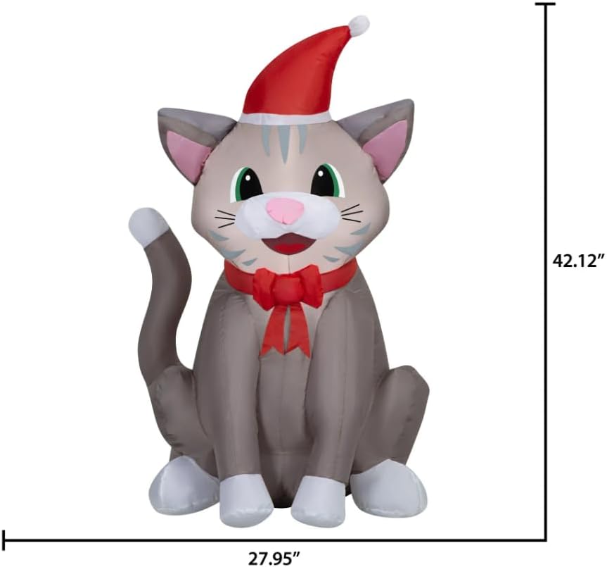 Christmas Tabby Cat with Santa Hat 3.5 Foot Christmas Inflatable LED Holiday Outdoor Lighted Yard Blow-Up Decoration 2025 - Includes Bonus Repair Patch
