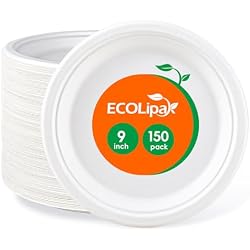 ECOLipak 9 in 150 Pack White Compostable Disposable Paper Plates for Party | Heavy Duty, Biodegradable, Made of Eco-friendly Sugarcane Bagasse, Ideal for Dinner, Picnic, Wedding, Birthday, Daily use
