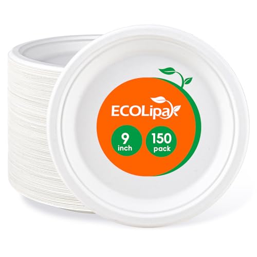 ECOLipak 9 inch 150 Pack Compostable Paper Plates Heavy Duty Disposable Biodegradable Eco-friendly Sugarcane Bagasse Plates for Party Dinner
