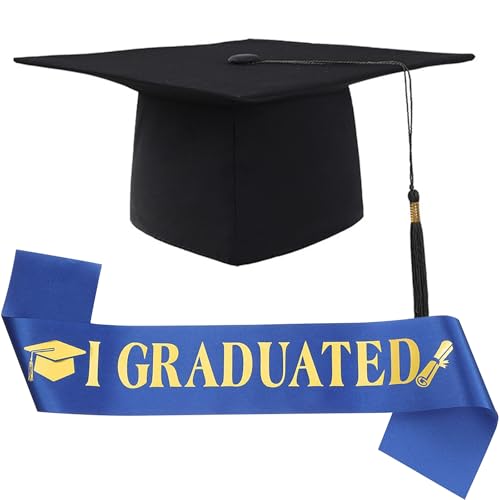 Husalsea Conjunto de graduação, broche de graduação e bandas de graduação com ouro azul, ideal para cerimónias de graduação, berrete de graduação para adultos e crianças, unissexo.