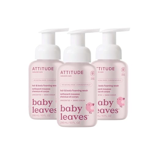 Image of ATTITUDE 2-in-1 Hair and Body Foaming Baby Wash, EWG Verified Shampoo Soap, Dermatologically Tested, Made with Naturally Derived Ingredients, Vegan, Unscented, 10 Fl Oz (Pack of 3)
