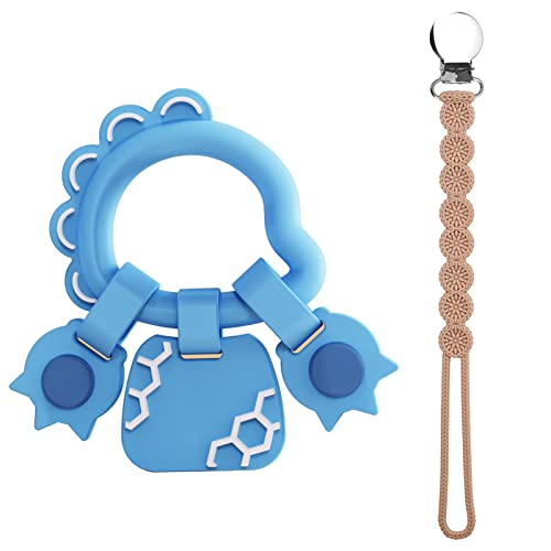Viyuse Teething Toy Ring, Dinosaur Teether Rings Toys for Infant & Baby,Easy to Hold,100% Silicone,Teethers Relief Soothe Babies Gums and Pacifier Clip Set for Newborn Blue