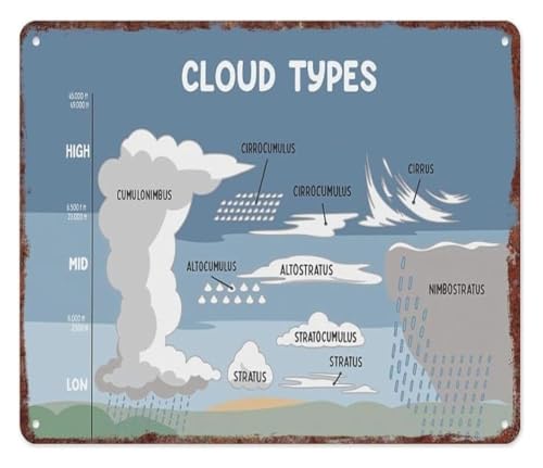 Metal Sign Vintage Cloud Types Educational Chart Aluminum Retro Weather Knowledge for Home Garage Cafe 8 X 12 in
