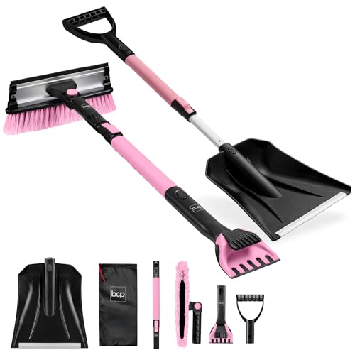 Best Choice Products 4 in 1 Snow Brush with Shovel Squeegee & Ice Scraper Up to 39 Extendable Foam Grip 270 Pivoting Snow Brush for Car Truck SUV Storage Bag Included - Pink