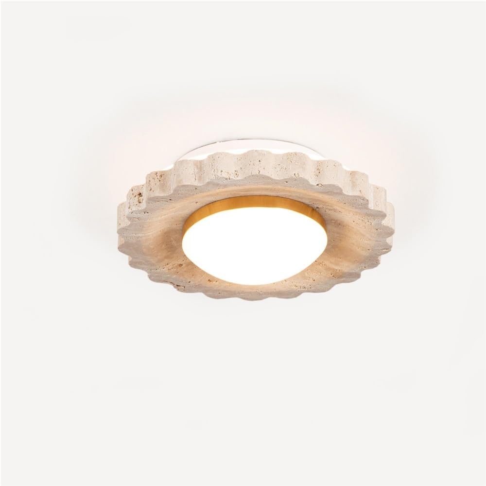 LYOUAE Natural Yellow Travertine Stone Ceiling Light Scalloped Gear Shape Semi Flush Mount Ceiling Light Hand Polished, Metal Plafond
