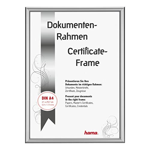 Hama Bilderrahmen „Detroit“, 21x29,7cm (Aluminiumrahmen, Fotorahmen, Dokumentenrahmen, Hochformat, Querformat, zum Hängen, bruchsicher, Aluminium, Bildformat DIN-A4, 21 x 29,7 cm, Polystyrol) Silber