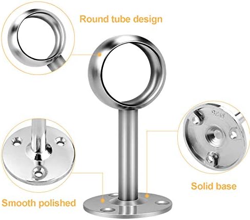 Closet Pole Sockets, 304 Stainless Steel Wardrobe Rail Supports 25mm Rod Round Shaped Flange Socket with Screws, 2 Pack