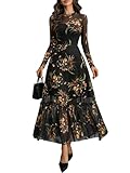 GothDark Womens Floral Mesh Dress Long Sleeve Round Neck A Line Gothic Vintage Casual Wedding Guest...