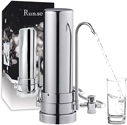 RUN.SE Countertop Filtration System, 304 Food-Grade Stainless Steel,8000 Gallons Alkaline Water Filter, Reduces 99% of Chlorine, Heavy Metals, Bad Taste (1 Filter Included)