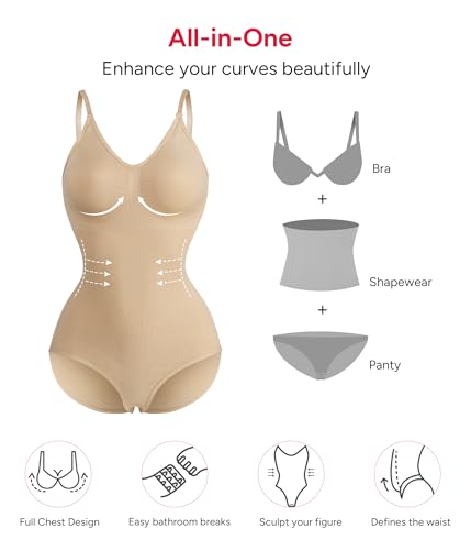 Nebility Women Waist Trainer Bodysuit Slim Full Body Shapewear Seamless Jumpsuits Tummy Control Tops (M/L, Beige V Neck Bodysuit)