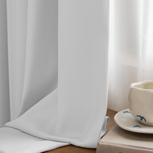 Image of FMFUNCTEX 100% White Blackout Curtains for Bedroom,White Weave Textured Curtains 90 Inches Long Thermal Insulated Curtain for Living Room, Black Out Drapery Grommet Room Darkening 2 Panels New