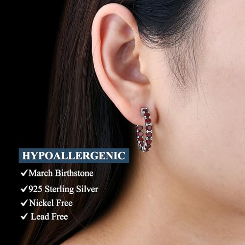 Hoop Earrings for women 925 Solid Sterling Silver, Natural Gemstone with 24 Grains Round Shape Main Stone Rhodium Plated Classic Style Fine Jewelry for Birthday Christmas Gifts2